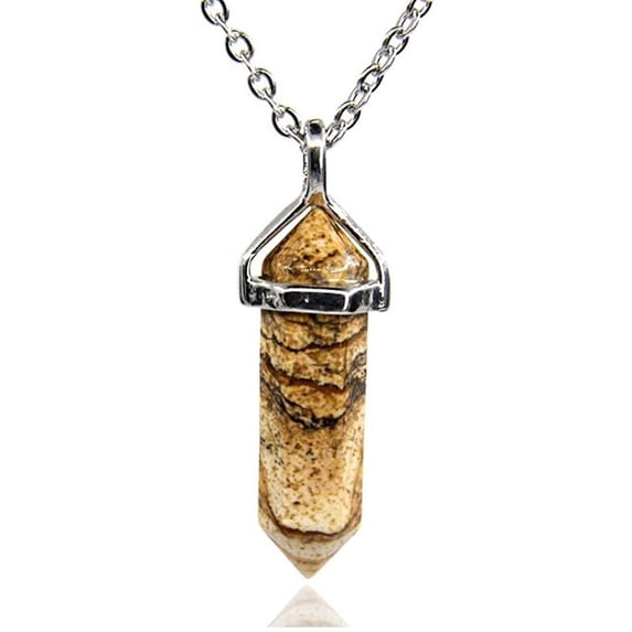 Picture Jasper) Gemstone Hexagonal Pointed Reiki Chakra Pendant Necklace 20"