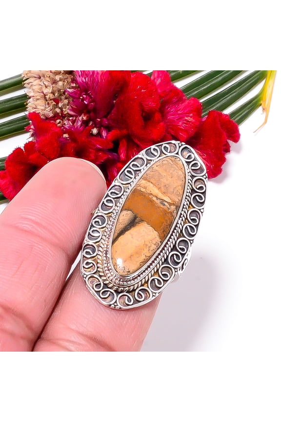 Picture Jasper - Oregon Fine Art Oxidised 925 Sterling Silver Ring s.9 Sku37, Brown Ring, Natural Gemstone Ring