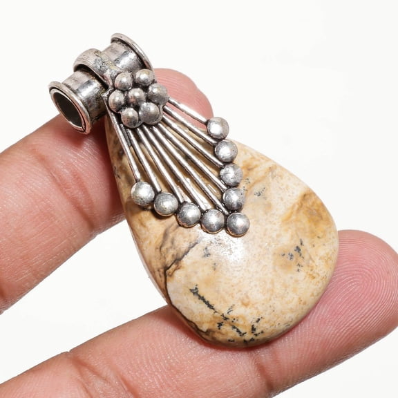 Picture Jasper Pear Gemstone Pendant Handmade Antique Gift Jewelry 1.80" FP 1270