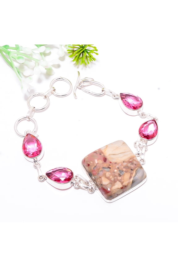 Picture Jasper, Pink Rubellite Tourmaline 925 Sterling Silver Bracelet 7.99" B6