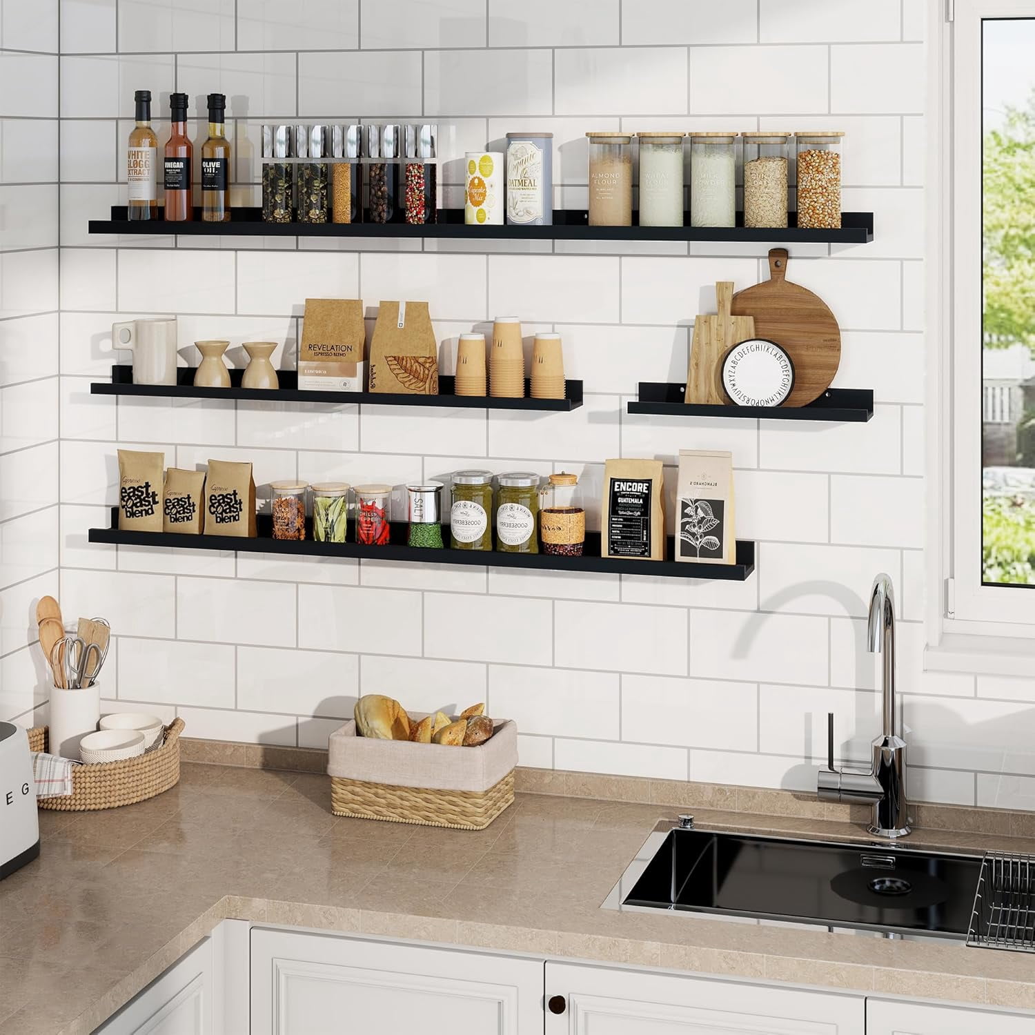 Picture Ledge Shelf, 24 Inch Floating Wall Shelves Set of 2, Wood ...