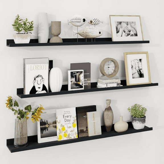 Picture Ledge Shelf 48 Inch, Black Floating Shelves for Wall Set of 3, Picture Shelf for Wall with Ledge, Long Floating Shelves with Lip, Photo Ledge Shelf Nursery Bookshelf Display Shelf