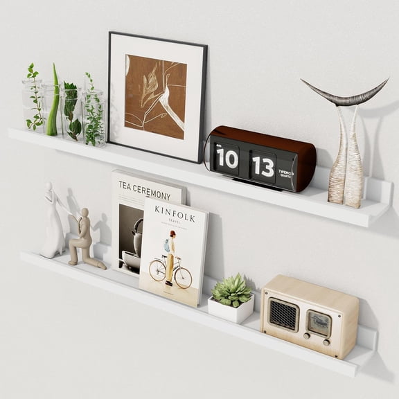 Picture Ledge Shelf Set Of 2, 30 Inch White Floating Shelves For Wall, Rustic Picture Shelf For Wall With Ledge, Floating Shelves With Lip, Photo Ledge Shelves For Books Album Records