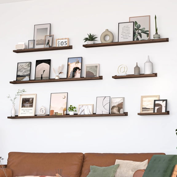 Picture Ledge Shelf Set of 2, 48 Inch Floating Wall Shelves for Living Room Bedroom Decor with Ledge to Prevent Falling, Walnut