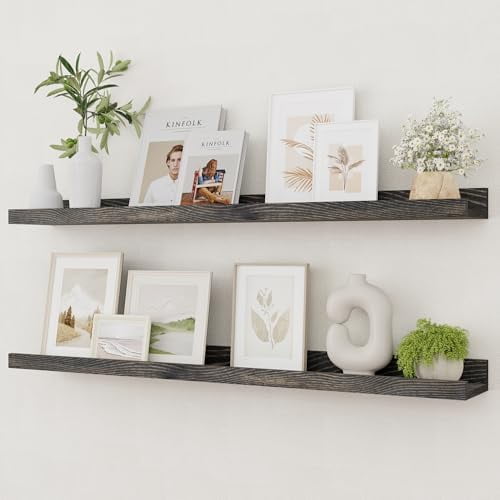 Picture Ledge Shelf, Solid Pine Wood Rustic Floating Shelves for Wall, 36 Inch Long Floating Shelves with Lip for Bedroom Kitchen Living Room Nursery Display, Set of 2 (Grey)