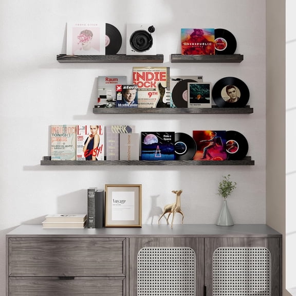 Picture Ledge Shelf, Solid Pine Wood Rustic Floating Shelves for Wall, 48 Inch Long Floating Shelves with Lip for Bedroom Kitchen Living Room Nursery Display, Set of 2 (Grey)