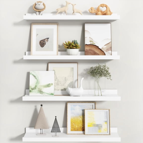 Picture Ledge Shelf, White Floating Shelves Set of 4, 24 Inch Picture Shelves for Wall with Ledge, Large Nursery Book Shelf for Toys Storage, Living Room, Bedroom Decor Frames
