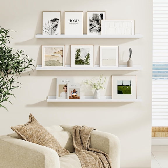 Picture Ledge Shelf, White Floating Shelves Set of 4, 36 Inch Picture Shelves for Wall with Ledge, Large Nursery Book Shelf for Toys Storage, Living Room, Bedroom Decor Frames