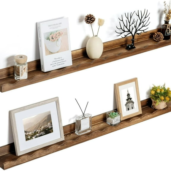 Picture Ledge Shelf for Wall, 48 inch Pine Wood Nursery Book Shelves Set of 2- Wall Book Shelves for Kids Room, Home Decor - Kitchen Spice-Carbonized