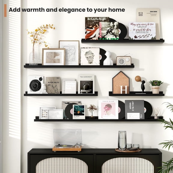 Picture Ledge Shelves Set of 2, 36 Inch Rustic Wall Mounted Floating Shelves with Lip for Home Storage and Dcor in Bathroom, Kitchen, Nursery, Bedroom, Living Room, Black