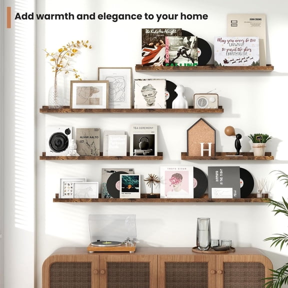 Picture Ledge Shelves Set of 2, 55 Inch Rustic Wall Mounted Floating Shelves with Lip for Home Storage and Dcor in Bathroom, Kitchen, Nursery, Bedroom, Living Room, Brown