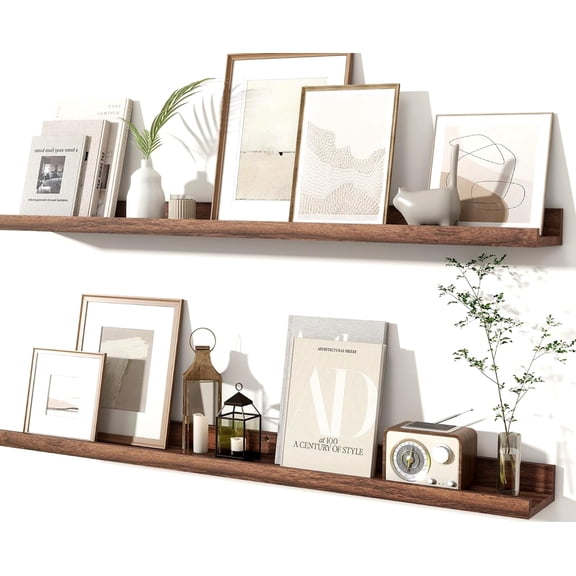 Picture Ledge Shelves Set of 2 with Rustic Wall Mounted Floating 36 Inch, Walnut Finish
