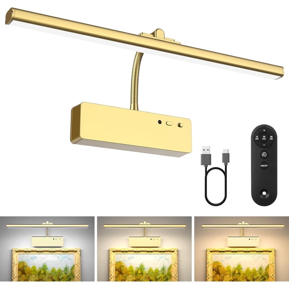 Picture Light, 15.35inch 5400mAh Rechargeable Picture Lights for Wall Battery Operated Wall Lights, 3 Colors Paintings Light Dimmable Art Light for Artwork, Gallery (Gold)