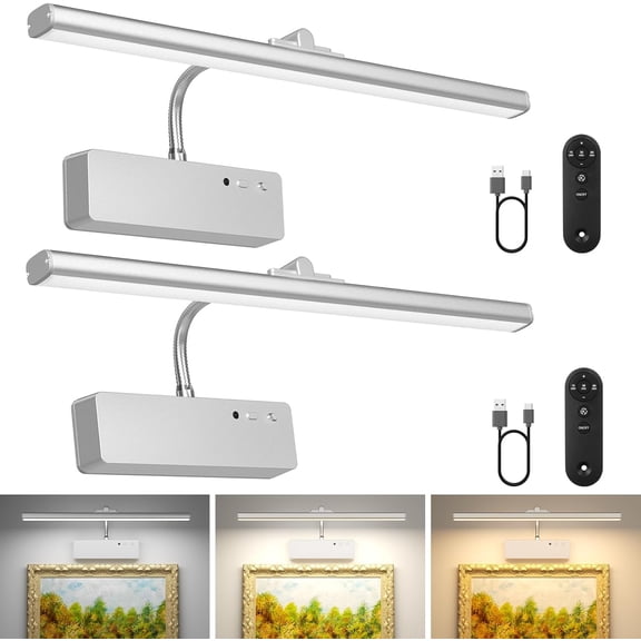 Picture Light 2 Pcs, 15.35inch 5400mAh Rechargeable Picture Lights for Wall Battery Operated Wall Lights, 3 Colors Paintings Light Dimmable Art Light for Artwork, Gallery (Silver)
