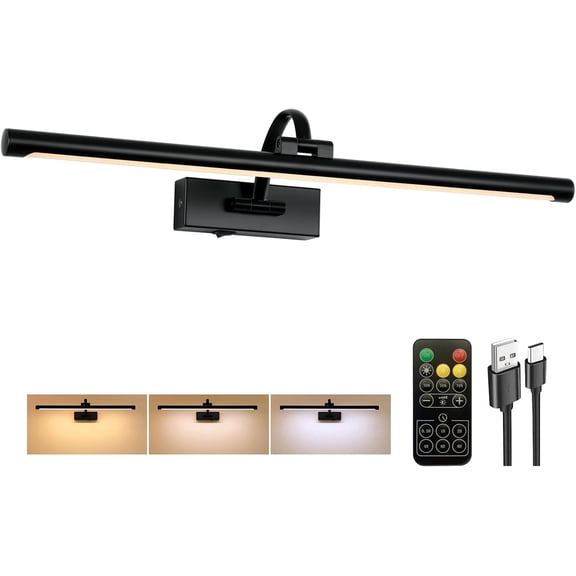 Picture Light Battery Operated with Remote, 3CCT Dimmable Picture Light for Paintings, Black Rechargeable 24 inch Battery Operated Wall Sconce for Art Lighting Gallery Portrait Artwork