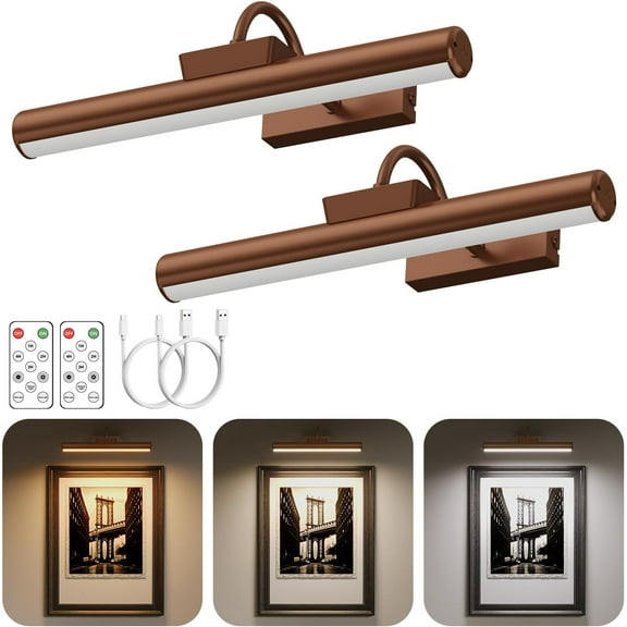 Picture Light Operated, 13in Art Light for Paintings, Dimmable 5000mAh Recharging Picture Light with Remote Control for Wall, Gallery Dartboard (Orange Copper -2Pack)