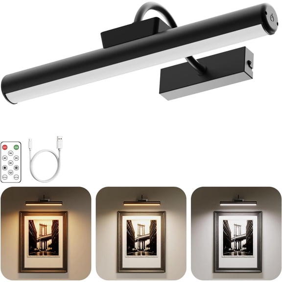 Picture Light,  Picture Light with Remote,  Operated 5000mAh, 3 Color Modes and Dimmable  Lights with Timer for Paintings, Gallery, Wall, Dartboard,  (Black-1Pack)
