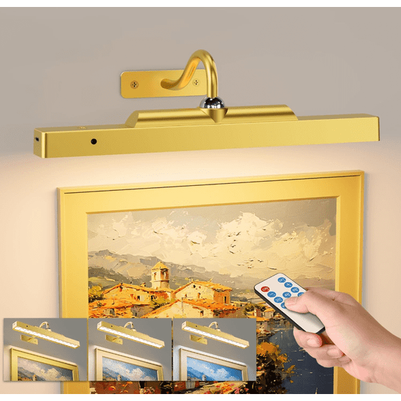 Picture Light for Wall, 12" Rechargeable Wireless Battery Operated Painting Lighting, Dimmable LED with Remote 3CCT for Wall Art Gallery Display (Gold)