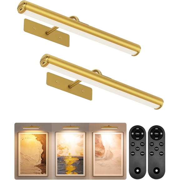 Picture Light for Wall, 13in Wireless Rechargeable 4000mAh LED Art Light with Remote, Dimmable 3 Color Temps, Battery Operated Wall Light for Living Room, Bedroom, Gallery (Gold, 2 Pack Set)