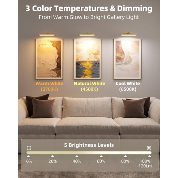 Picture Light for Wall, 13in Wireless Rechargeable 4000mAh LED Art Light with Remote, Dimmable 3 Color Temps, Battery Operated Wall Light for Living Room, Bedroom, Gallery (Gold, 2 Pack Set)