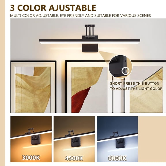 Picture Light for Wall 24" Cordless Lamp 270 ° Rotation Vanity Light Bar for Bathroom Over Mirror,3CCT Dimmable Art Light Led Wall Sconces for Poster,Room,Make Up,Hallway(Matte Black)