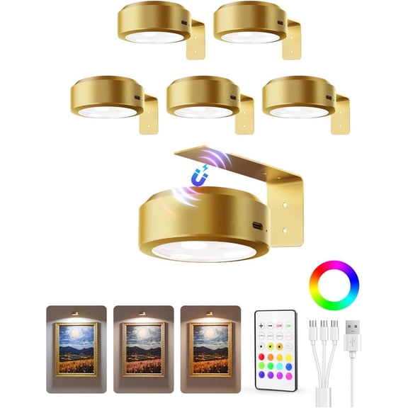 Picture Lights for Wall, 2000mAh Rechargeable Battery Magnetic Poster Lights with 3 Color Temps & 12 RGB, Remote Dimmable Timer Painting Light, Wall Decor Light for Art Display, Frame (6 Pack)