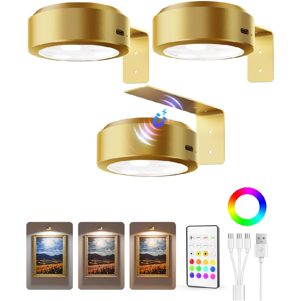 Topveden Magnetic Rechargeable Picture Lights – 3-Pack With Remote, 3 Color Temps & 12 RGB, Wireless Art Display Lighting