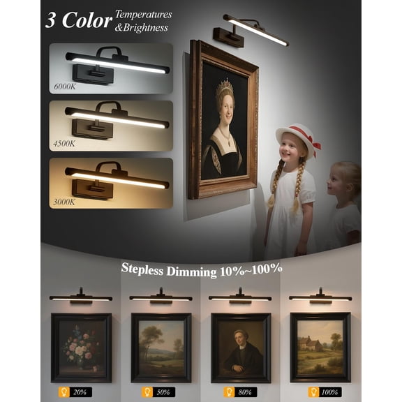 Picture Lights for Wall Battery Operated, Rechargeable Light for Picture with Remote & Timer, Black Art Light for Paintings Wireless Dimmable Cordless Gallery Frame Lights 16 Inch with 3CCT