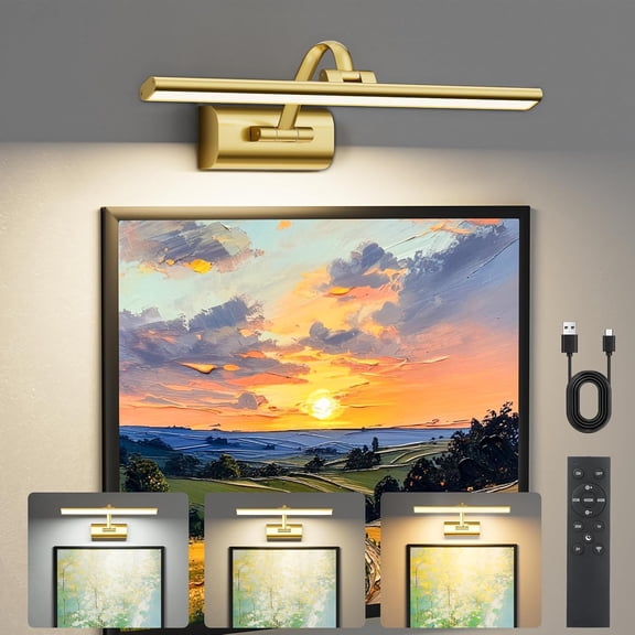 Picture Lights for Wall Battery Operated, Rechargeable Wireless Picture Light with Remote Control, Dimmable Art Lighting for Paintings, Gallery Frame Display Light, 16" Wall Picture Lamp, Brass