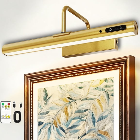 Picture Lights Wall Operated, 14" 6000mAh Display Light with Remote/Rotatable/Dimmable/3CCT Lamp for Painting/Gallery/Artwork/Portraits/Phote/Frame/Poster(Brass)