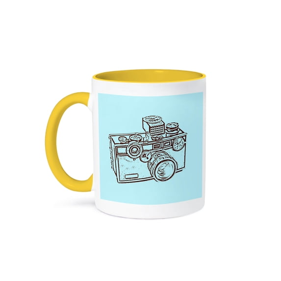 3dRose, Picture of a Vintage Classical cyan Camera, 15oz Two-Tone Yellow Mug