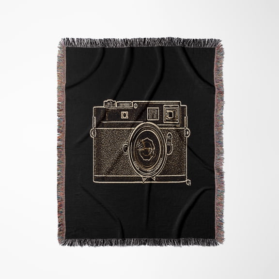 Picture Of A White Rangefinder Camera On Black Background, Woven Blanket