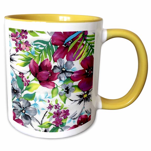 3drose, Picture of Painted Tropic Hawaiian Red Violet Green N Gray, 11oz Two-tone Yellow Mug