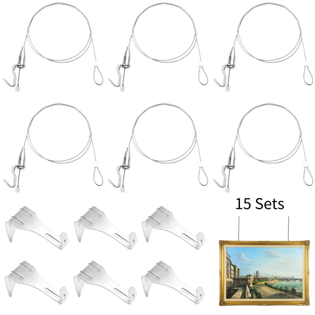 15 Pcs Picture Rail Hanging System, Photo Frame Display Cables 39’’ with Adjustable Hook, 66lb Stainless Steel Picture Rail Hanging Kit, Gallery Hanging Kit for Art Gallery, Wall Picture, Exhibition