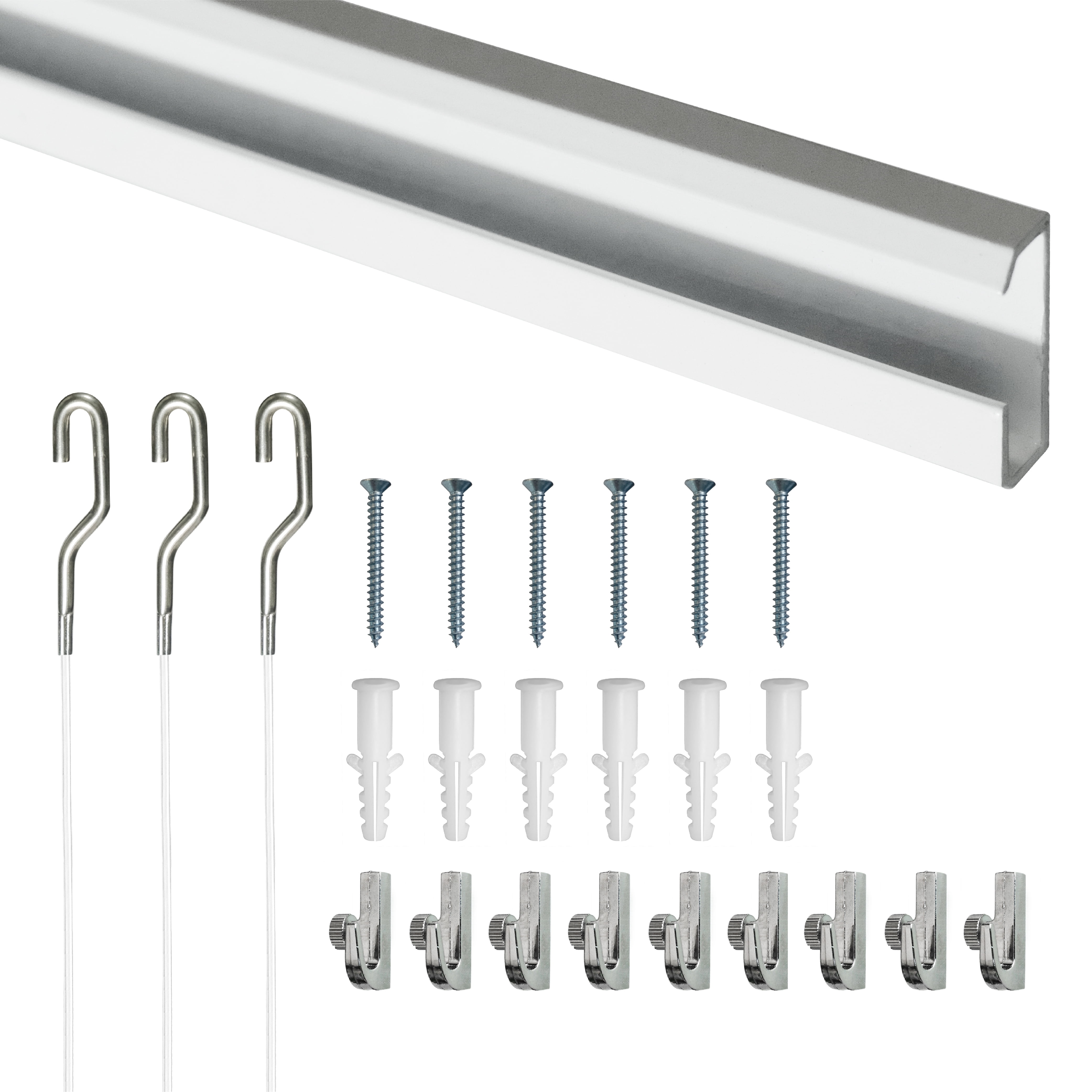 Picture Hang Solutions - Track 101 Picture Rail Kit - Includes 79-inch Wall Track, Nylon Cords, Adjustable Hooks, and Hardware - Gallery Hanging Systems (1 set per pack)