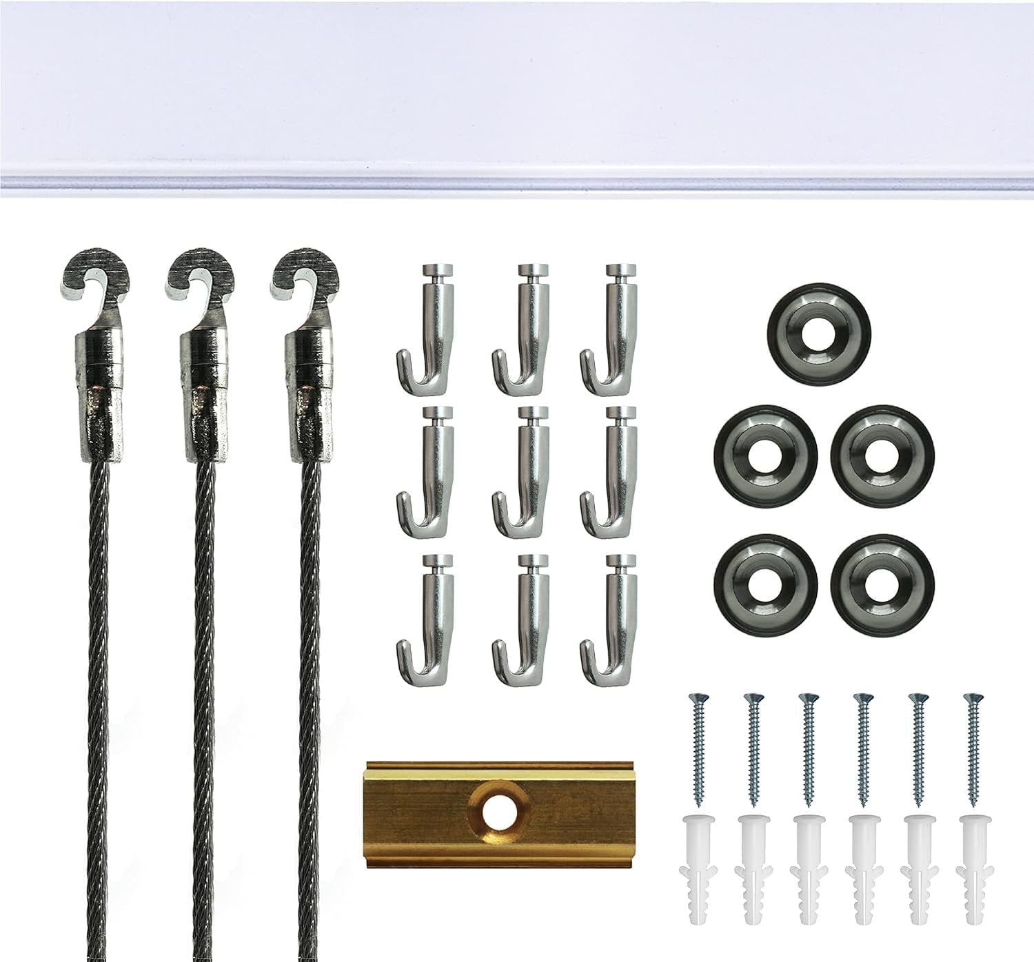 Picture Hang Solutions - Track 100 Picture Rail Kit - Includes 79-inch Wall Track, Steel Cords, Adjustable Hooks, and Hardware - Gallery Hanging Systems (1 set per pack)
