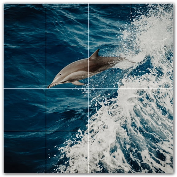Picture-Tiles.com: Dolphin Ceramic Tile Wall Mural WAL500498-44L. 32"W x 32"H using (16) 8" x 8" Ceramic Tiles-Satin Finish