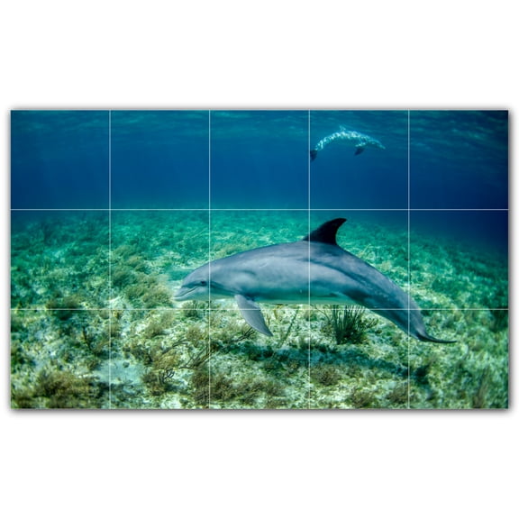 Picture-Tiles.com: Dolphin Ceramic Tile Wall Mural WAL500504-53S. 21.25"W x 12.75"H using (15) 4.25" x 4.25" Ceramic Tiles-Satin Finish