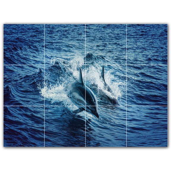 Picture-Tiles.com: Dolphin Ceramic Tile Wall Mural WAL500528-43S. 17"W x 12.75"H using (12) 4.25" x 4.25" Ceramic Tiles-Satin Finish