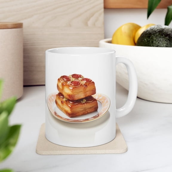 Picture of square croissant design. Coffee mug, Ceramic Mug oz, Gift friend, Gift dad, Gift Mom, Auntie, Unique, dessert.