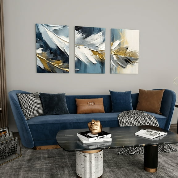 Picture of white leaf with strokes of gold and blue floral colorful wall art set of 3 12x16inch each panel canvas stretched on wood frame