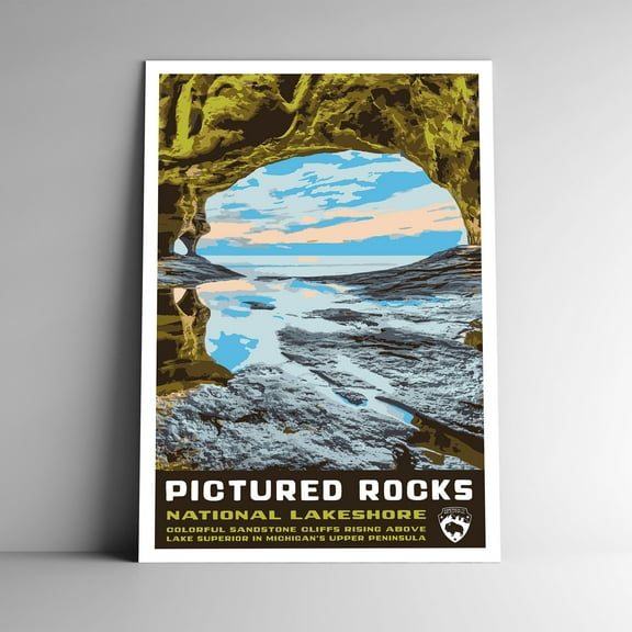Pictured Rocks National Lakeshore Vintage Travel Poster / Postcard WPA Style Retro Michigan