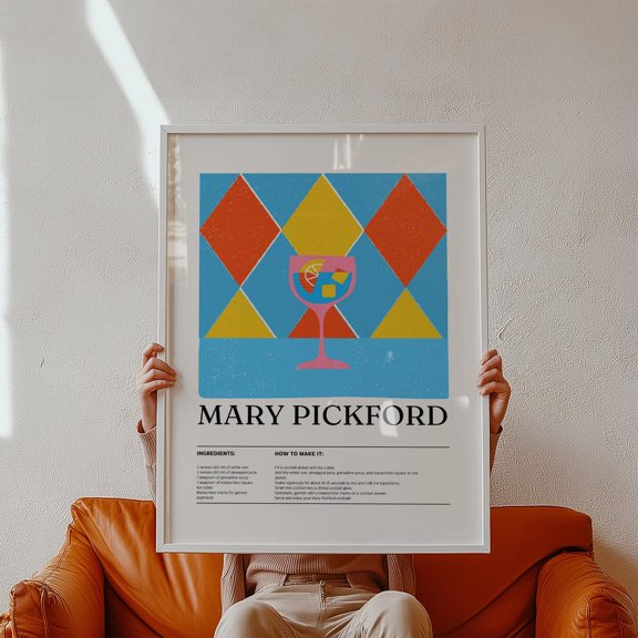 Pictures For Kitchen Mary Pickford Cocktail Art Print – Retro Recipe Illustration With Bold Color, Home Bar Wall Art For Colorful Kitchens Wall Art, Modern Wall Decor, 24x36 UNFRAMED