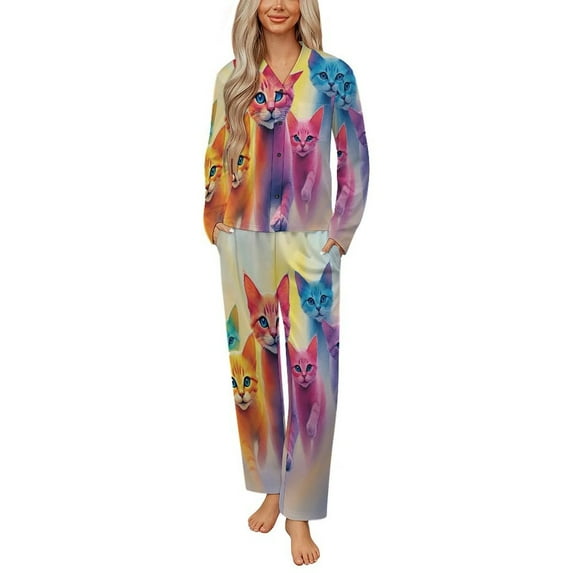 Pictures Of Colorful Cat Womens Pyjamas Set Button Up Pyjamas Womens with Long Sleeve Top And Wide Leg Pants V-neck Loungewear Sets
