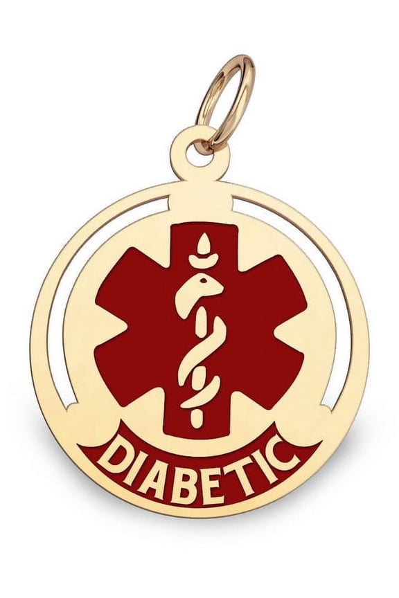 14K Gold Round Medical Diabetic Charm W/Red Enamel - 1 inch x 1 inch