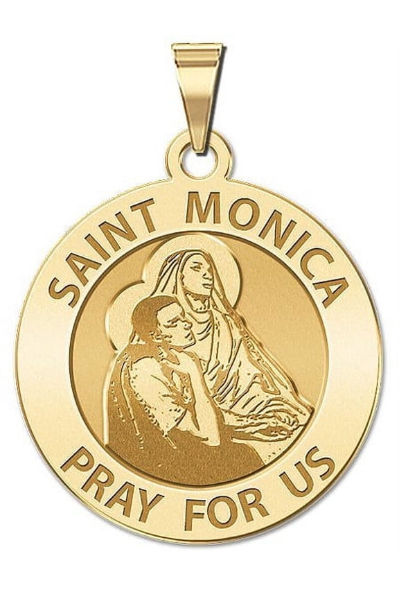 Saint Monica W/ Her Son Saint Augustine Religious Medal Necklace Pendants - 2/3 inch Size of Dime, Solid 14K Yellow Gold