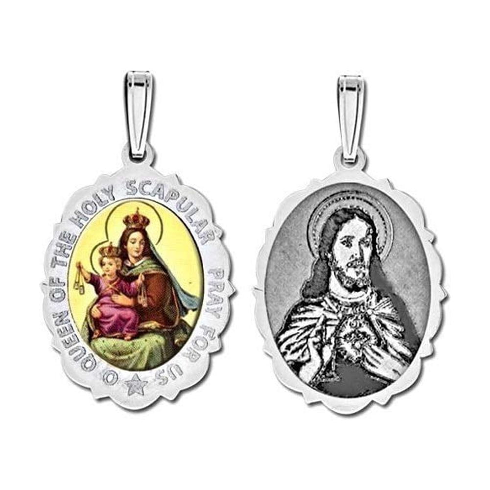 Our Lady Of Mt. Carmel Scapular Medal - 14K Gold Or Sterling Silver Oval Religious Pendant With Sacred Heart Back - View #6