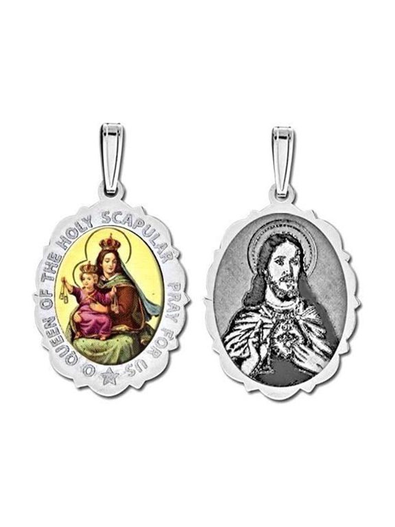 Scapular Religious Medal Scalloped Oval Color - 3/4 inch x 1 inch in Sterling Silver