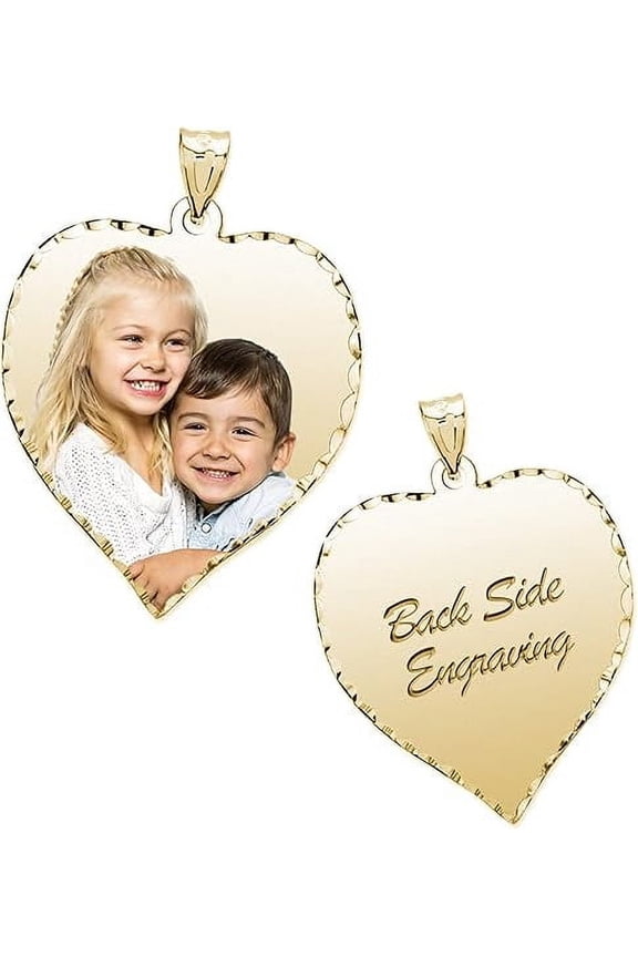 Personalized Photo Engraved Heart Shaped Custom Photo Pendant/Photo Necklace/Photo Charm with Diamond Cut Edge - 1 Inch x 1 Inch (10k Yellow Gold)