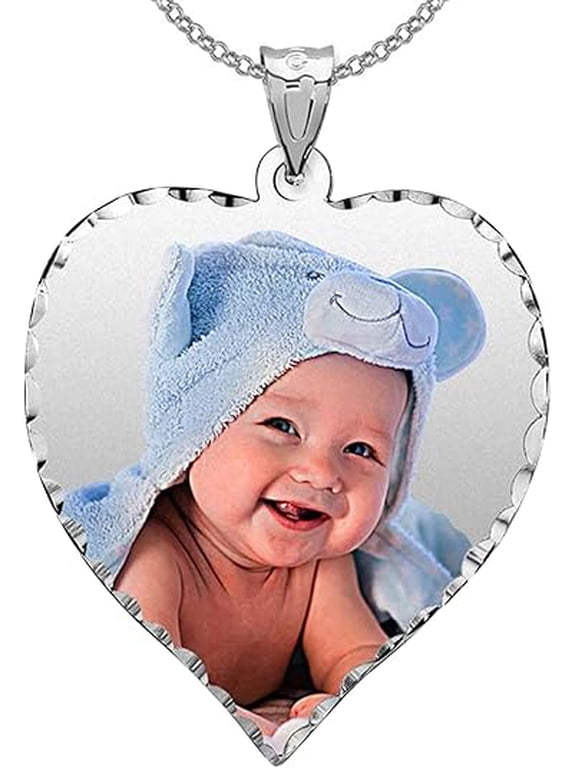 Personalized Photo Engraved Heart Shaped Picture Necklace with Diamond Cut Edge - 1 Inch x 1 Inch (Sterling Silver, Photo Only)